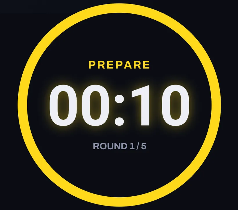 The HIIT timer ring reading Prepare, 10 seconds, round 1 of 5.