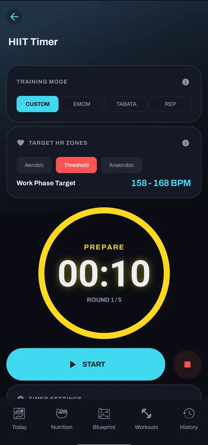 The HIIT timer: training modes, a target heart rate zone, and a Prepare countdown.