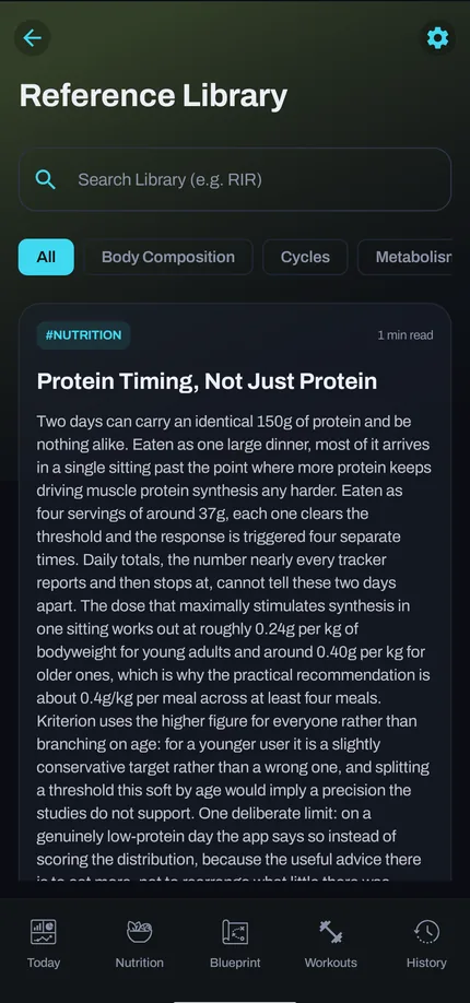 The Reference Library: search, category filters, and an article on protein timing.