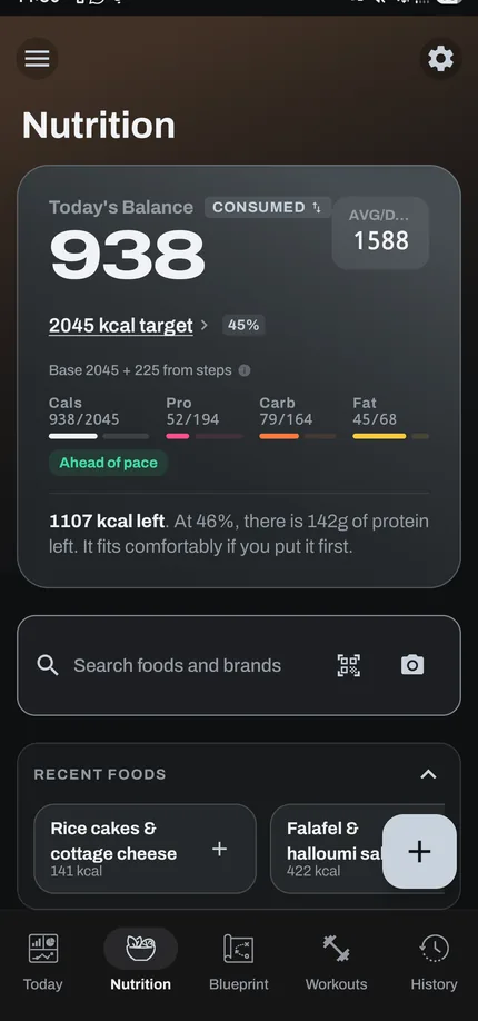 The Nutrition screen in Steel: a near-black ground with a pale grey accent.