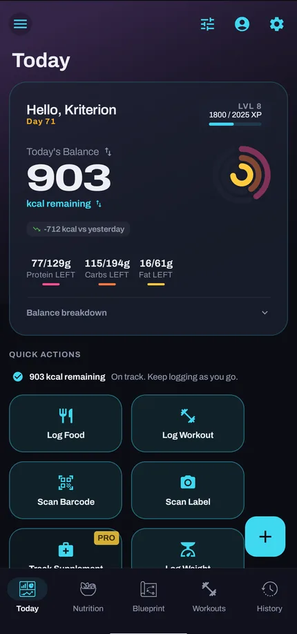 The Today screen: a readiness score, and Today's Balance showing calories remaining.