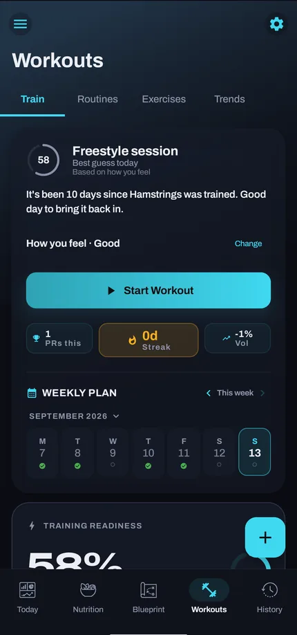 The Workouts screen: a readiness score, a quick-start session, and a weekly plan calendar.